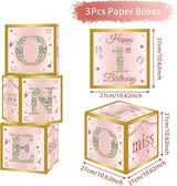 DataMoon 1st Birthday Decorations Boxes for Baby Girl - 3PCS Pink