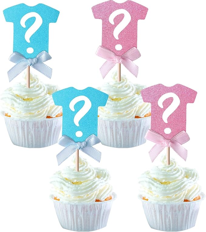 24 Pack Gender Reveal Cupcake Toppers Glitter Onesie Question Mark