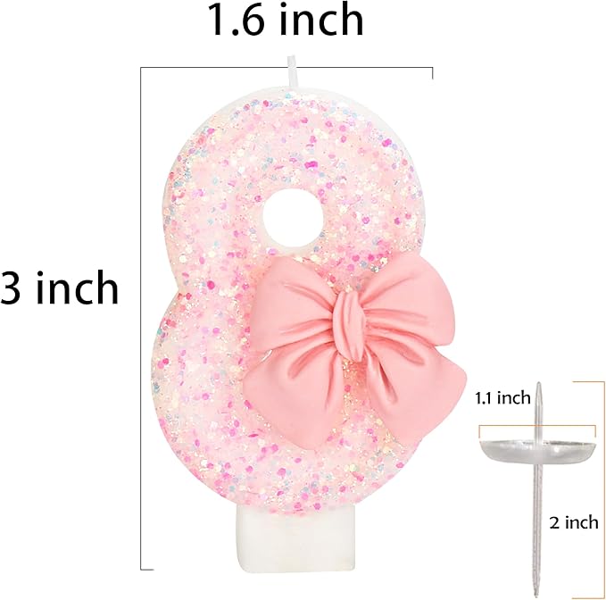 80th Birthday Candles for Cake, Pink Bow Number Cake Candles, 2.76