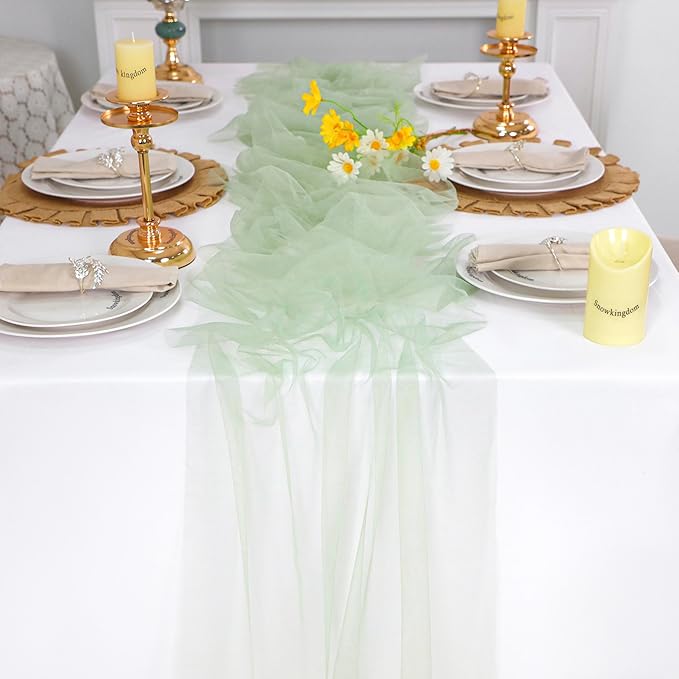 Snowkingdom Sage Green Table Runner, 10 FT Sheer Tulle Cheesecloth
