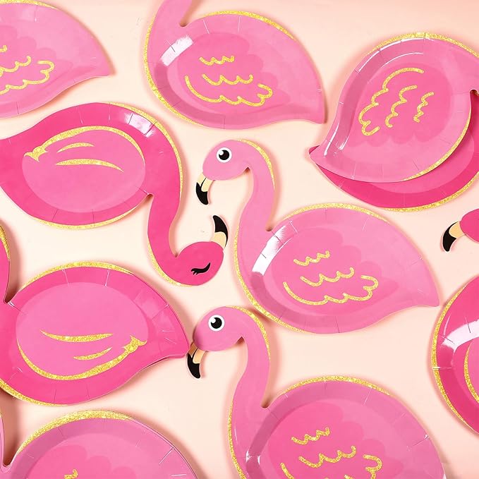 50 Count Hawaiian Luau Party Paper Plates Flamingo Shaped Disposable