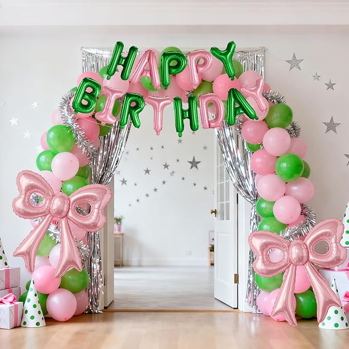 Pink and Green Happy Birthday Balloons, 31”Huge Pink Bow Aluminum
