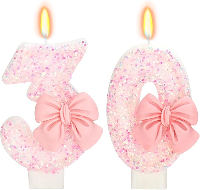 30th Birthday Candles for Cake, Pink Bow Number Cake Candles, 2.76