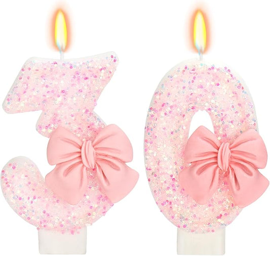 30th Birthday Candles for Cake, Pink Bow Number Cake Candles, 2.76