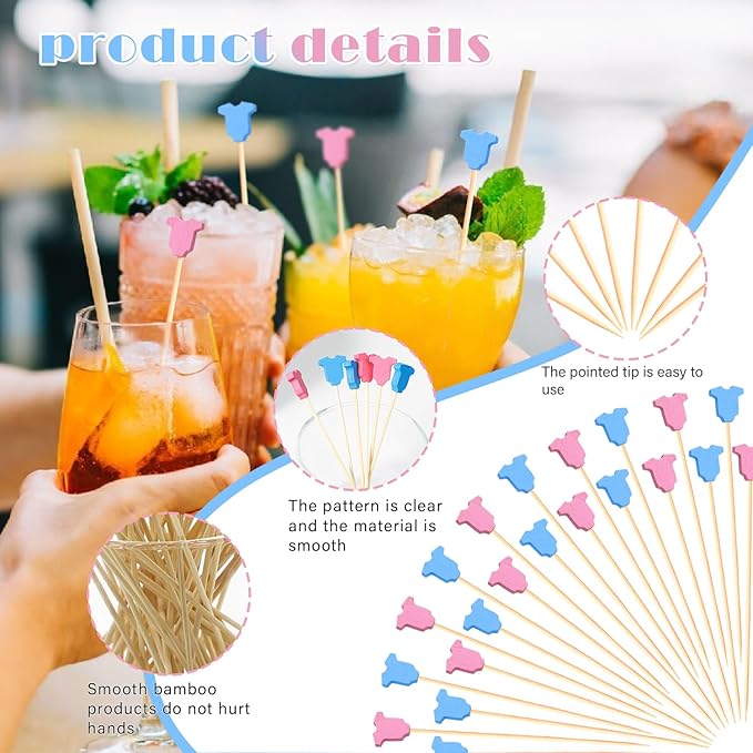100Pcs Baby Gender Reveal Cocktail Picks Boy or Girl Theme Decor