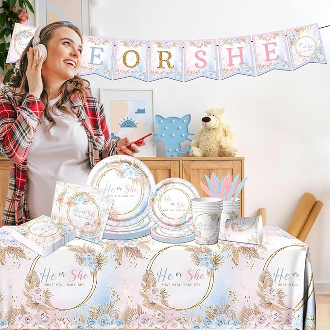 Boho Baby Shower Decorations 142Pcs Gender Reveal Plates Napkins