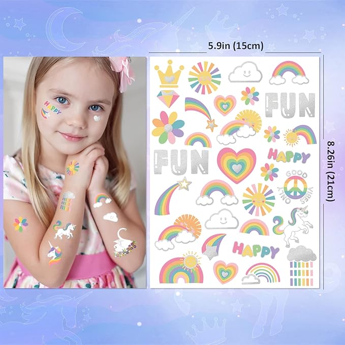 Temporary Tattoo for Kids Unicorn Rainbow Flower Cute-118 Glitter