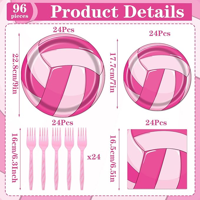 Rakuto Pink Volleyball Party Tableware Decorations for Girls, 96PCS