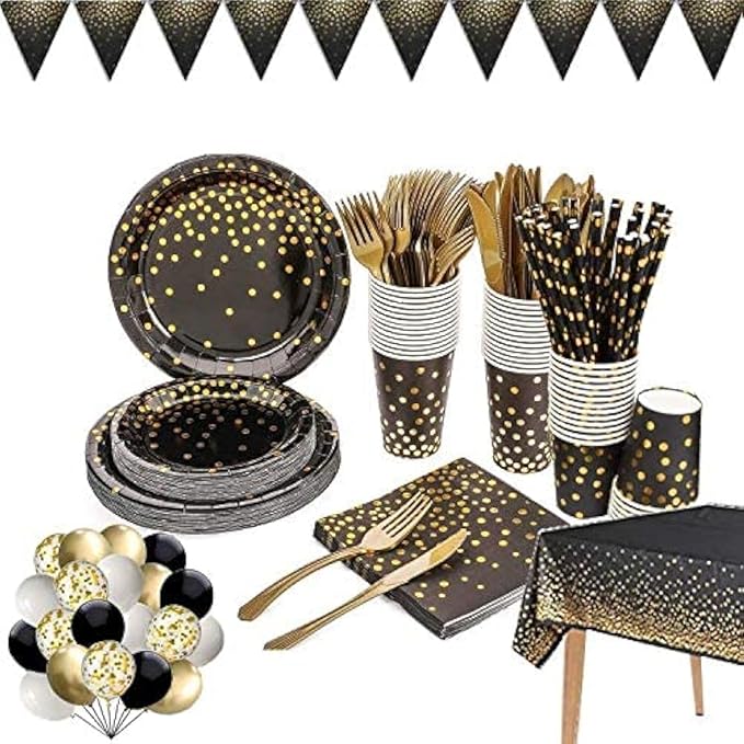 142 piece black and gold party supply set Gold polka dot party