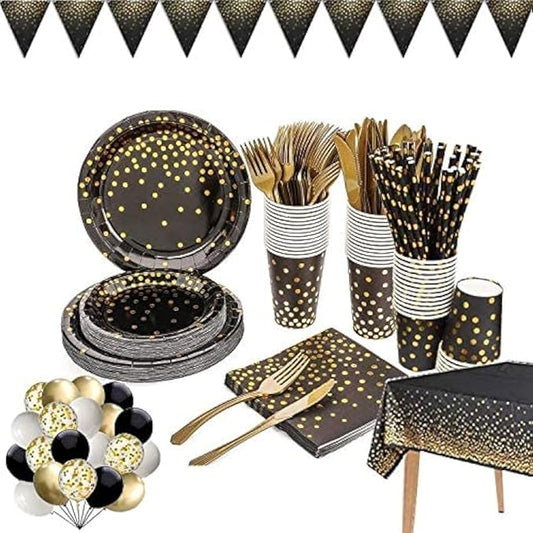 142 piece black and gold party supply set Gold polka dot party
