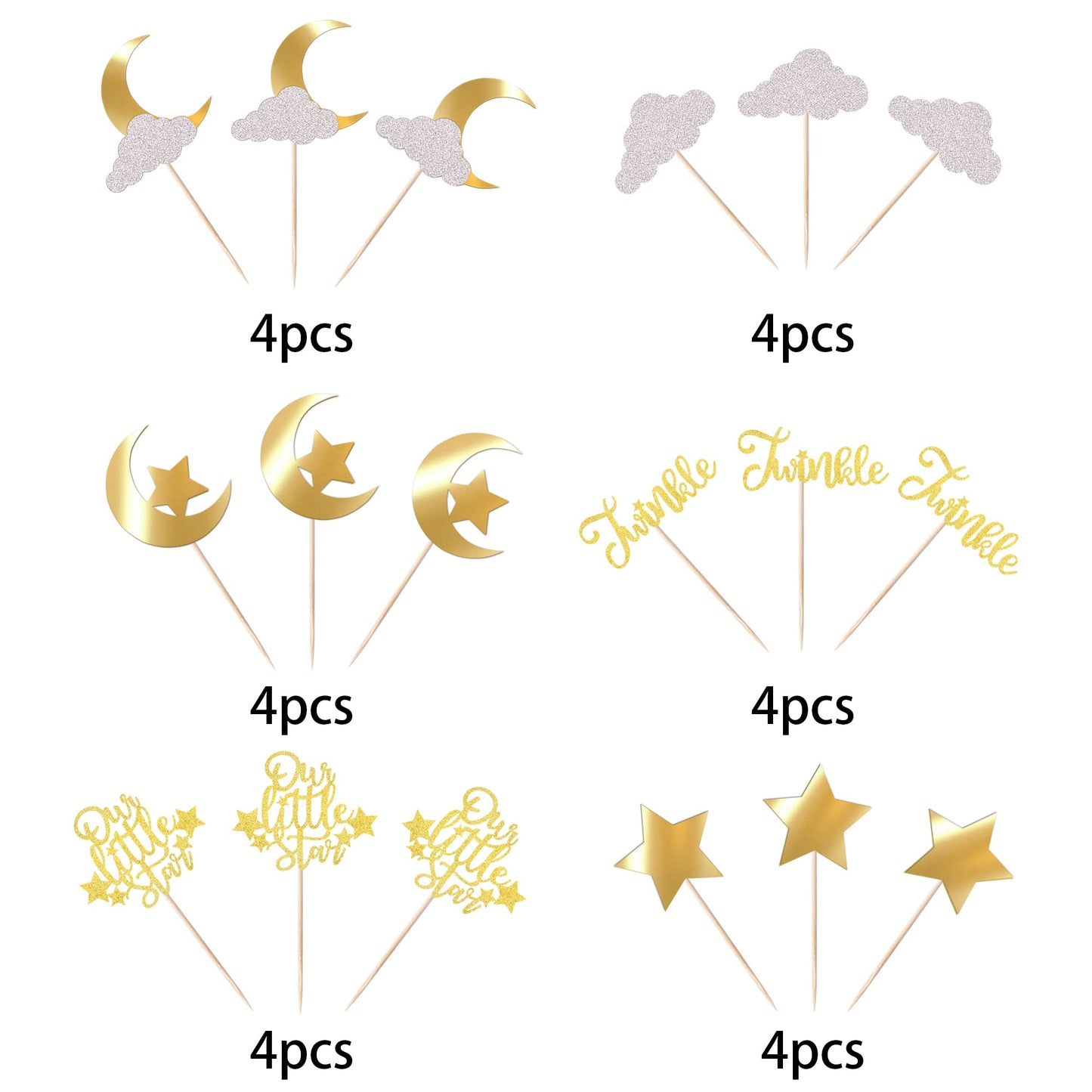 24 Pack Little Star Cupcake Toppers Glitter Moon Cloud Cupcake Pi Gold