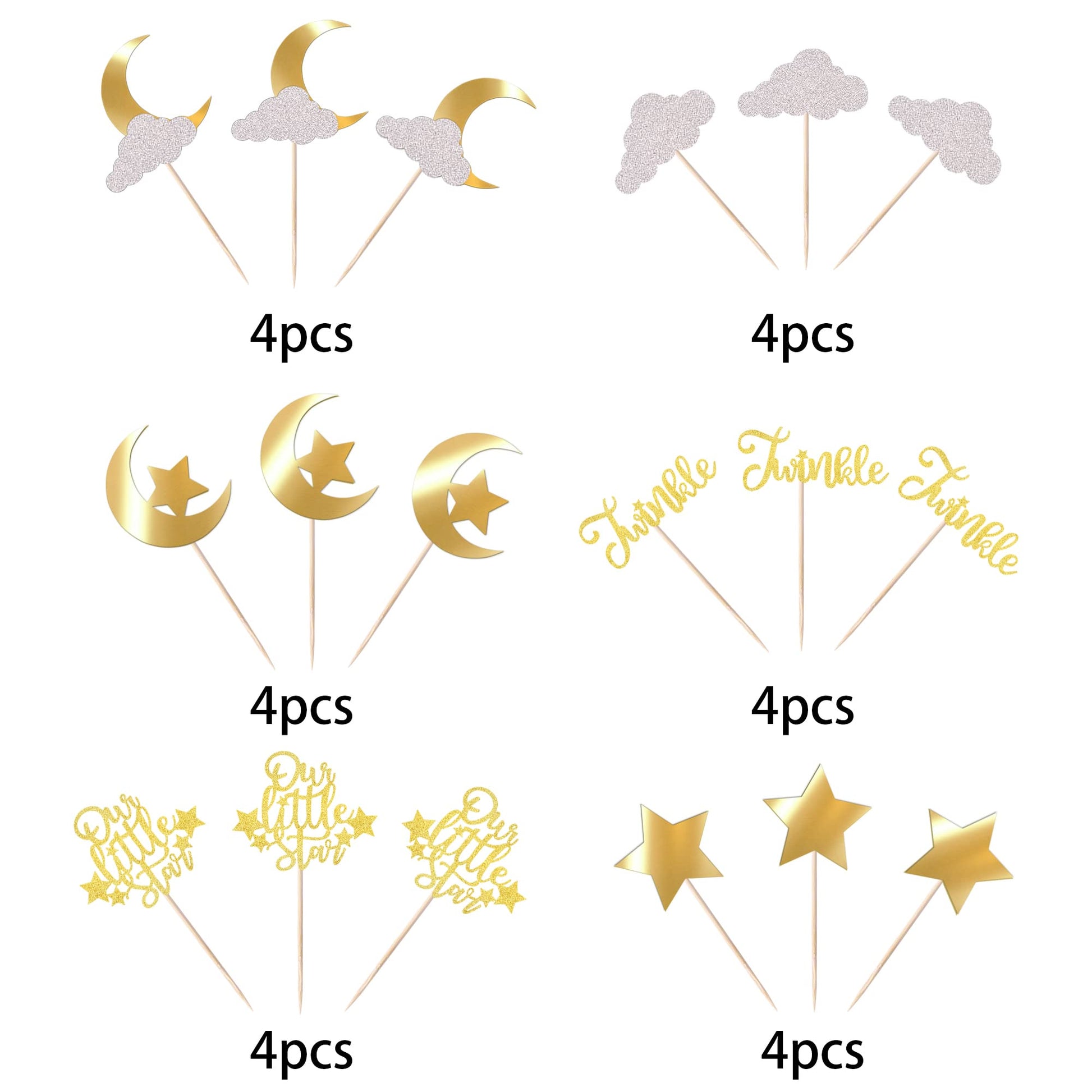 24 Pack Little Star Cupcake Toppers Glitter Moon Cloud Cupcake Pi Gold