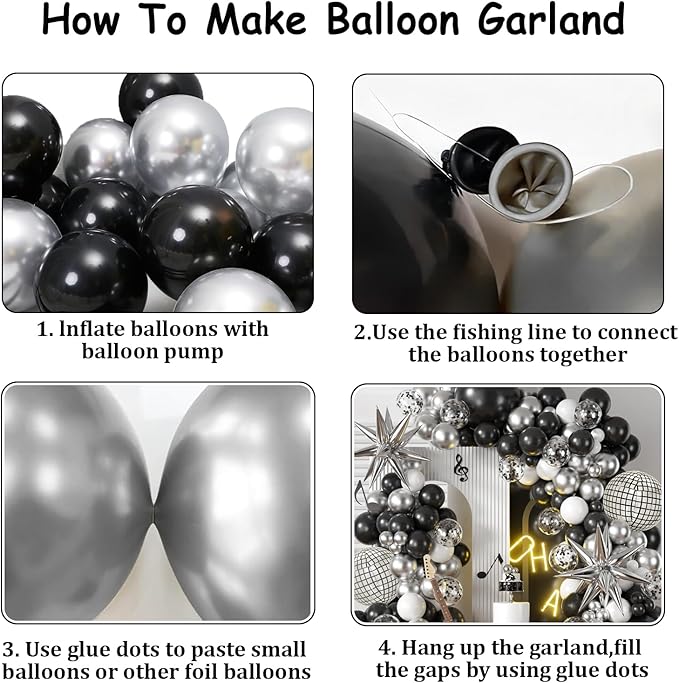 KARLURE Black Silver Balloons Arch Kit, Black Silver White Balloons