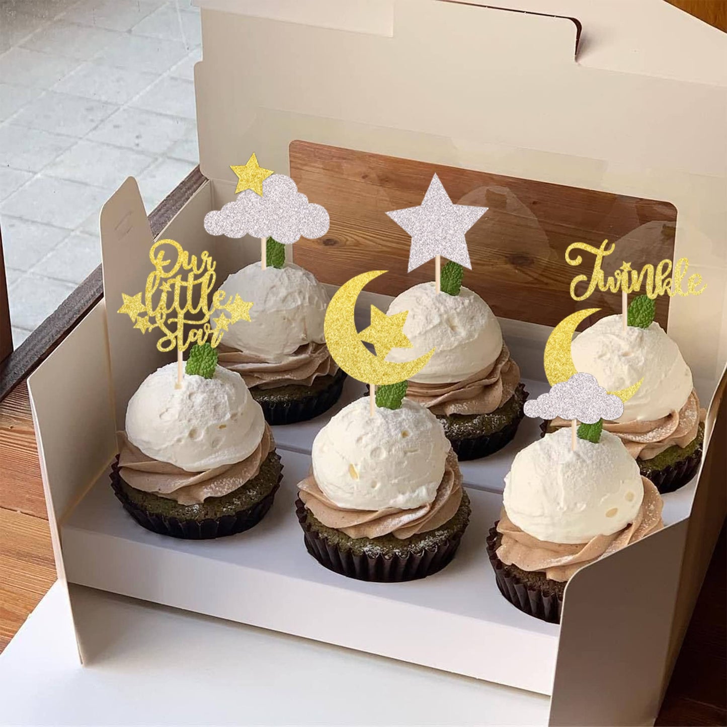 24 Pack Little Star Cupcake Toppers Glitter Moon Cloud Cupcake Pi 1-go