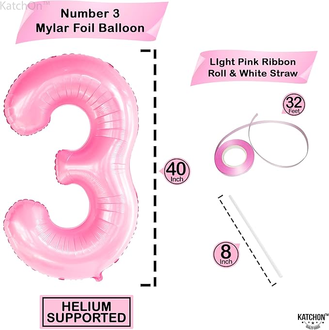 KatchOn, Large Pink Number 3 Balloon - 40 Inch | Mylar Foil Balloon