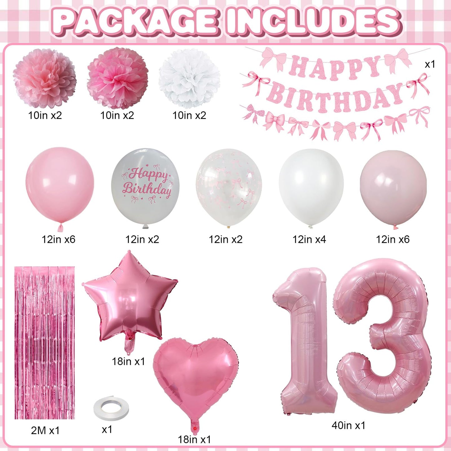 13th Birthday Decorations for Girls Pink Number 13 Balloon Bow