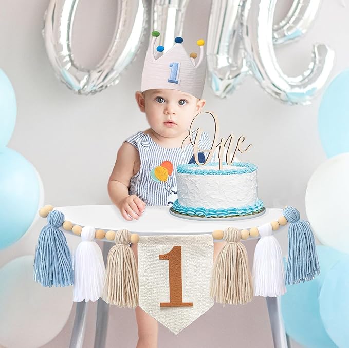 Baby Boy First Birthday Party Decorations Blue High Chair Banner 1st