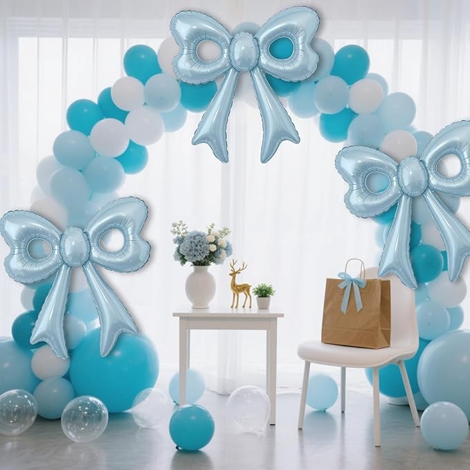 Blue Happy Birthday Balloons, 31”Huge Light Blue Bow Aluminum Foil