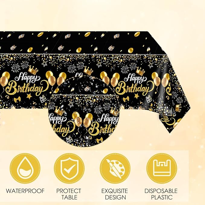 Black and Gold Party Decorations,41Pcs Happy Birthday Plates and