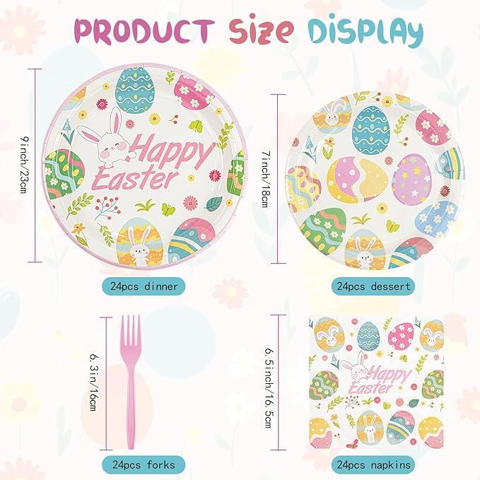 96Pcs Easter Paper Plates and Napkins Easter Eggs Themed Tableware