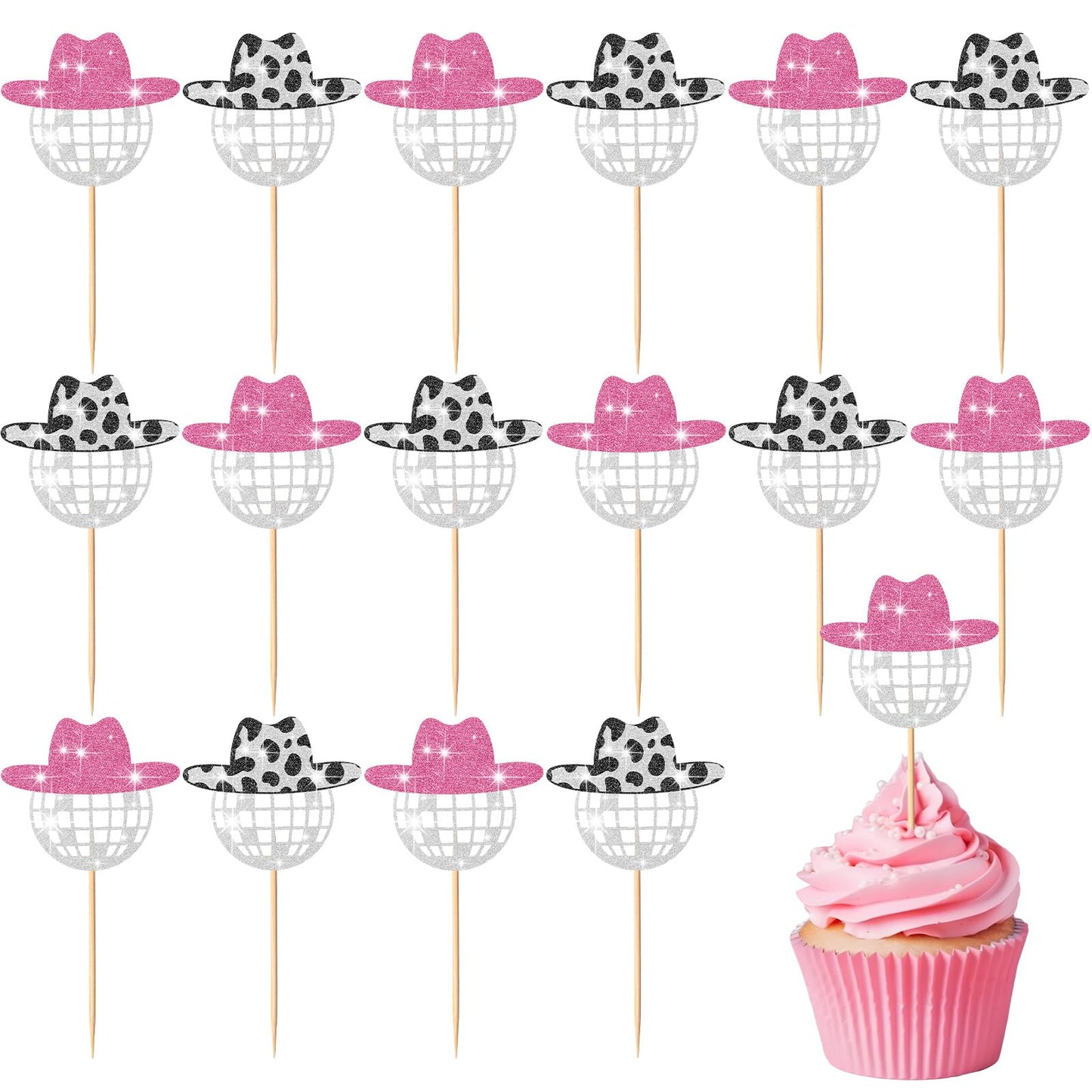Barydat 60 Pcs Glitter Disco Ball Cupcake Topper Cowboy Hat Cake