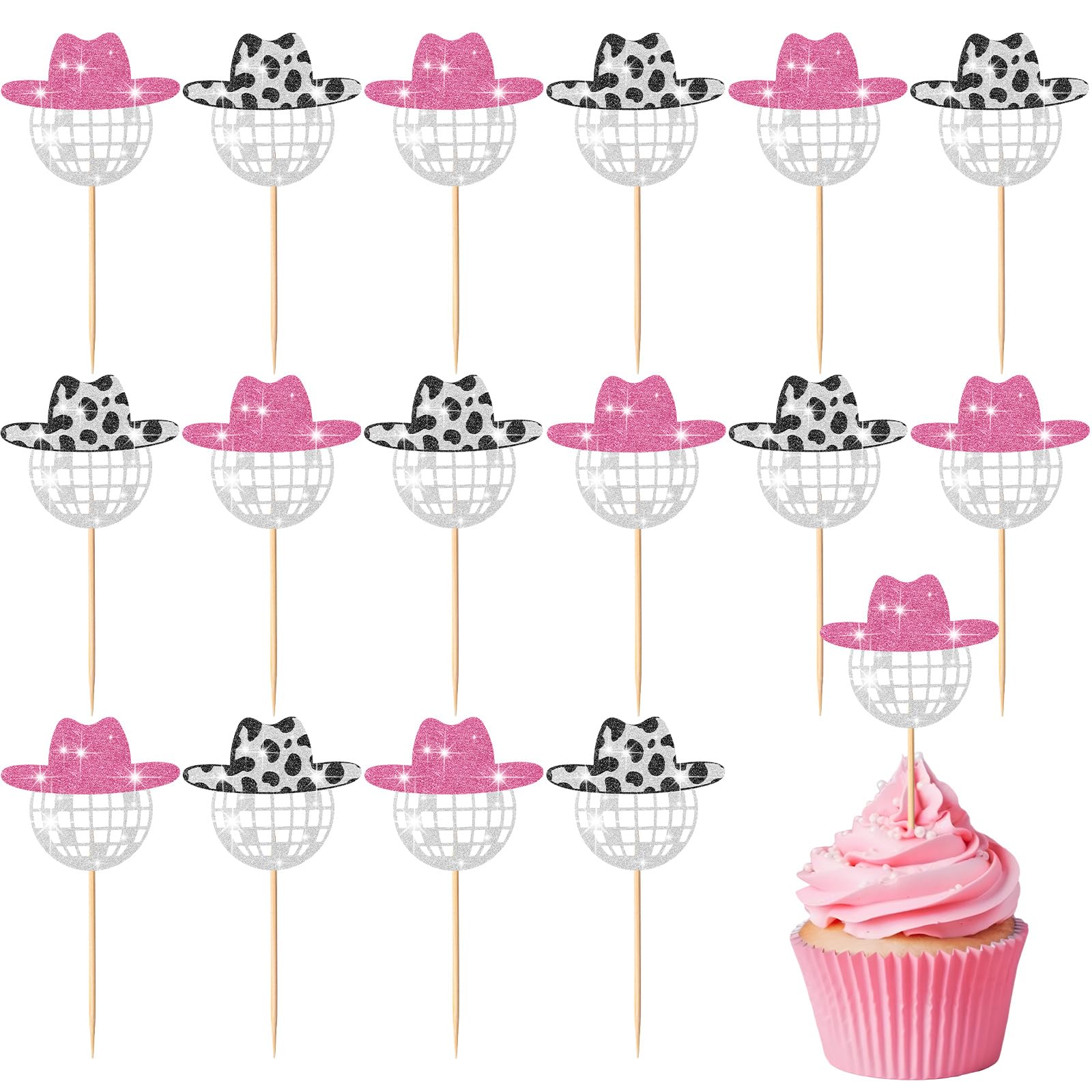 Barydat 60 Pcs Glitter Disco Ball Cupcake Topper Cowboy Hat Cake