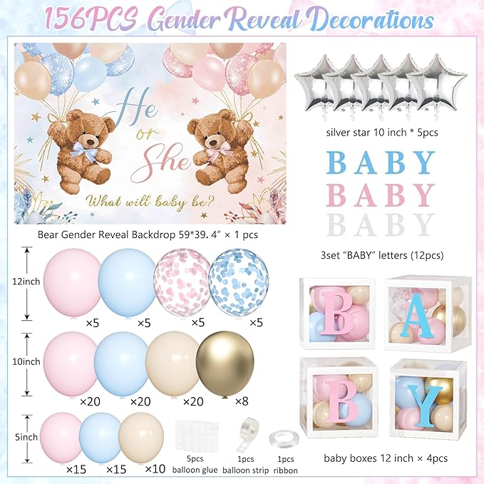 Bear Gender Reveal Balloon Boxes Decorations 158pcs Pink Blue