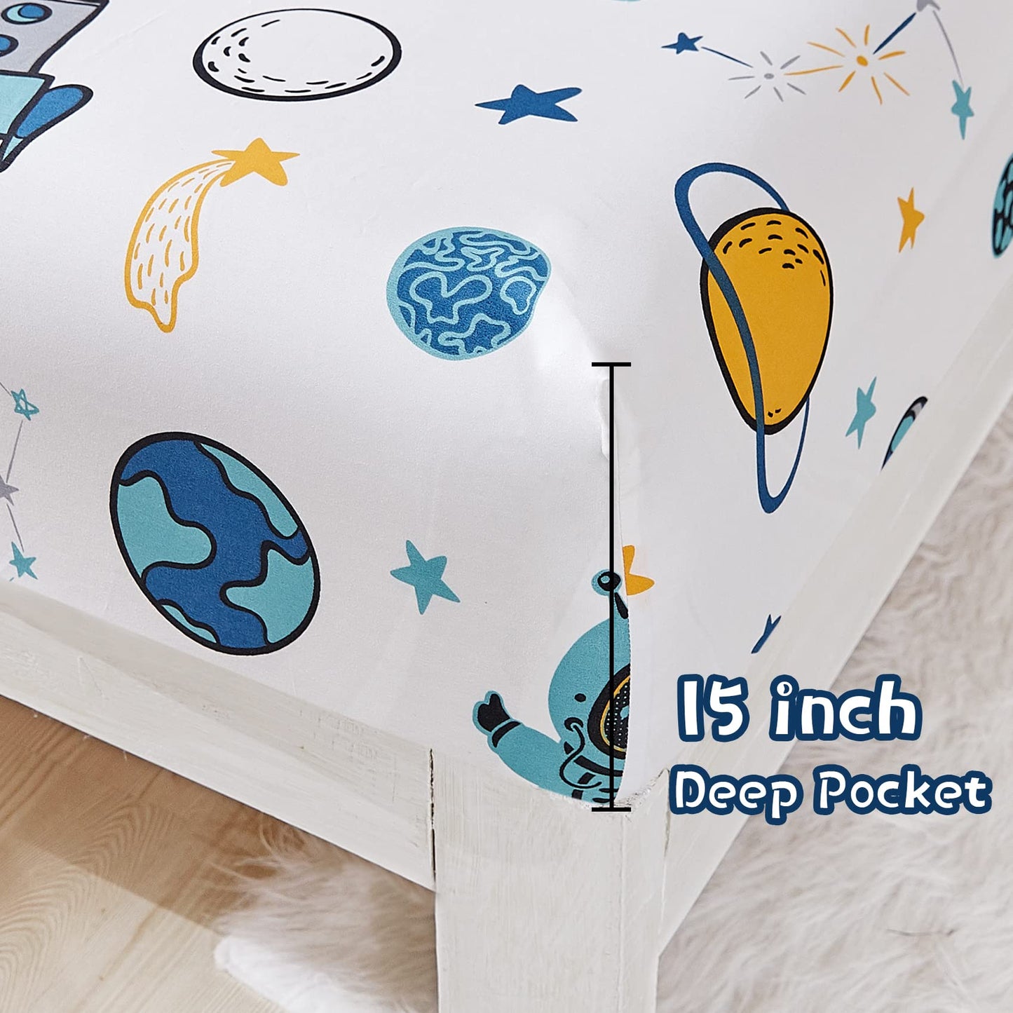JSD Blue Astronaut Kids Sheet Set Full Size, 4 Piece Space Rocket