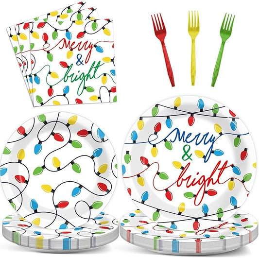 96PCS Merry Christmas Party Tableware Set Christmas Lights Party