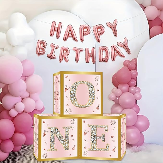 DataMoon 1st Birthday Decorations Boxes for Baby Girl - 3PCS Pink