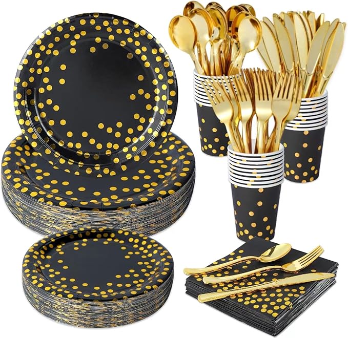 175 PCS Black and Gold Party Supplies,Gold Dot on Black Paper Plates