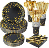 175 PCS Black and Gold Party Supplies,Gold Dot on Black Paper Plates