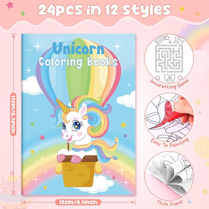 24 Unicorn Mini Coloring Books Kids with 24 Stacking Crayons Rainbow