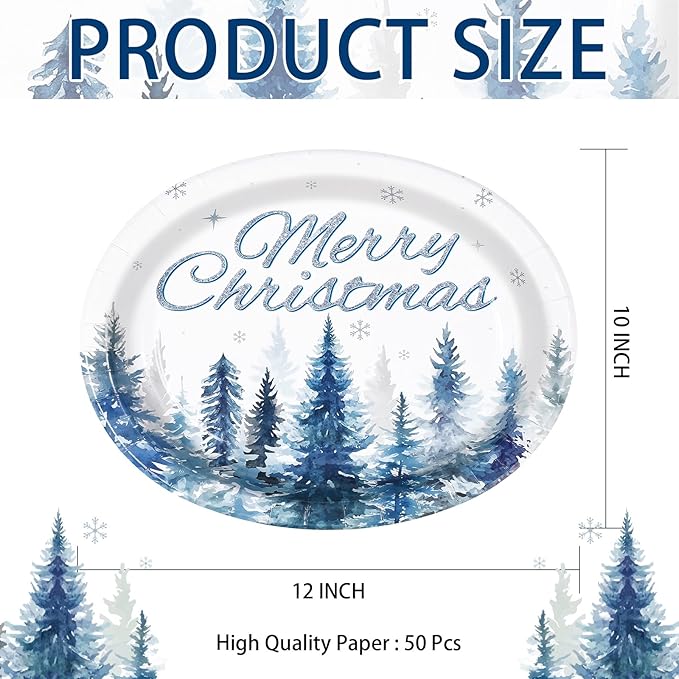 50Pcs Christmas Tree Oval Plates 10 x 12 Large Watercolor Winter