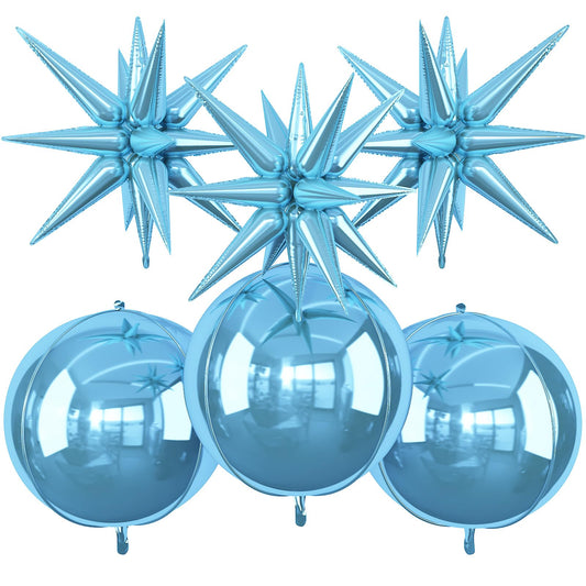 6Pcs Blue Foil Balloons,22Inch Light Blue 4D Round Ball Balloon and