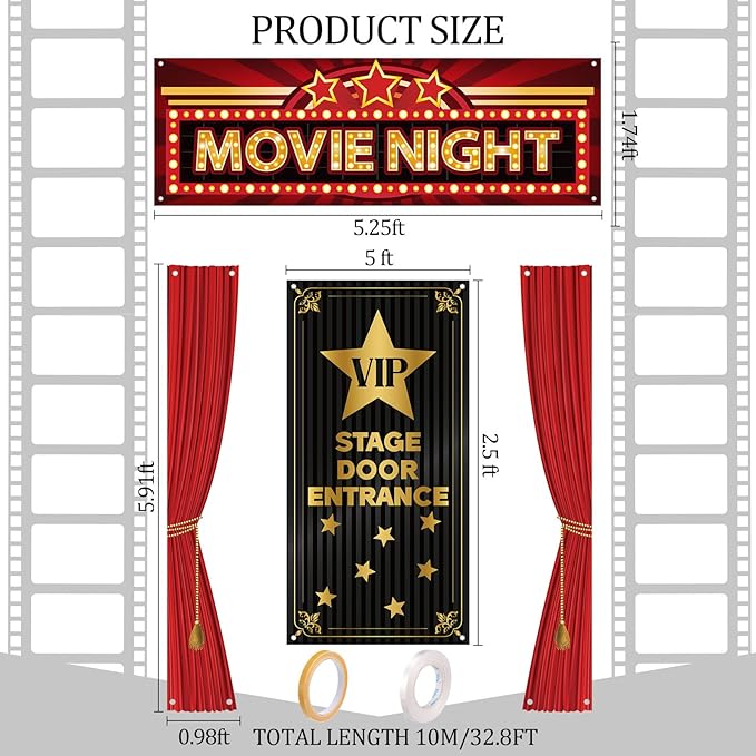 4 Pcs Movie Night Porch Sign Banner VIP Door Entrance Door Cover