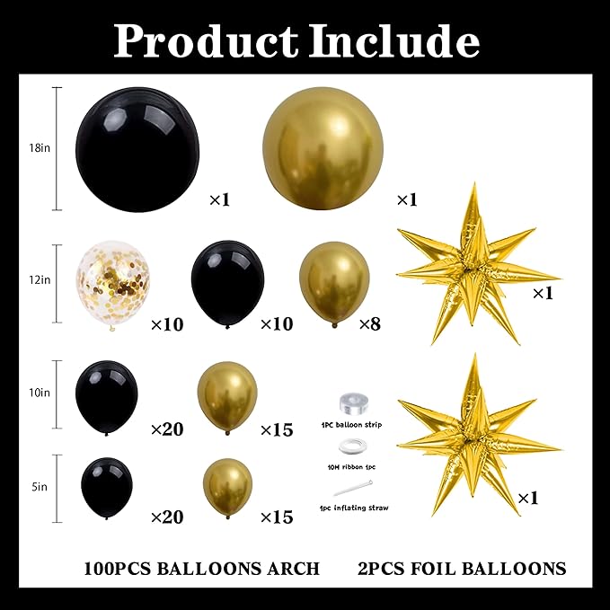 102pcs Black and Gold Balloon Garland Arch Kit with 2 Giant 3D