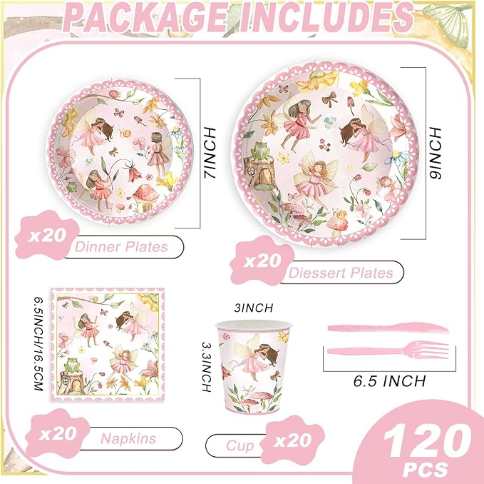 120PCS Fairy Party Supplies for Girls 1st 2rd First Birthday Fairies