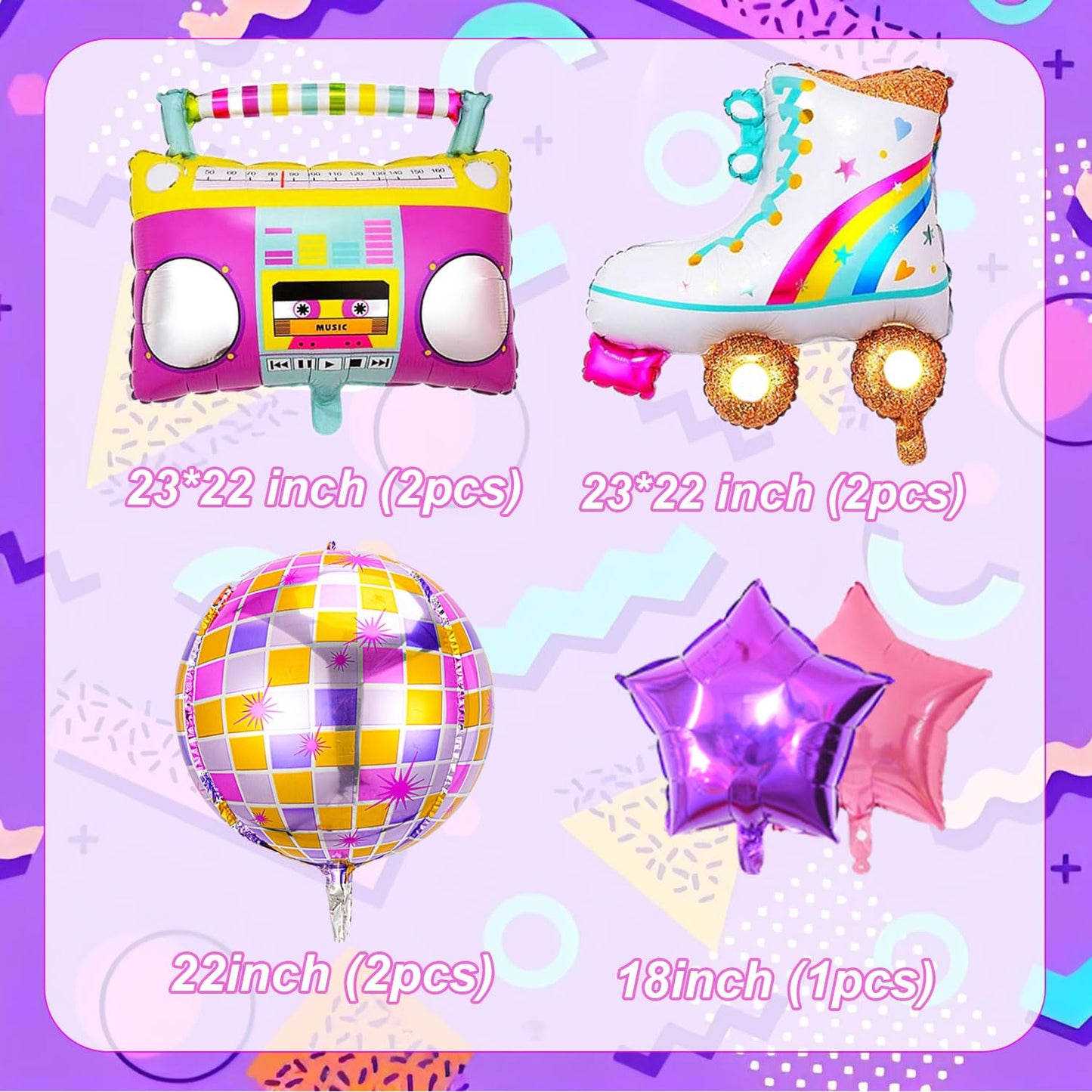 8 PCS Disco Balloons Radio Boombox Roller Skate Balloons for 80s 90s