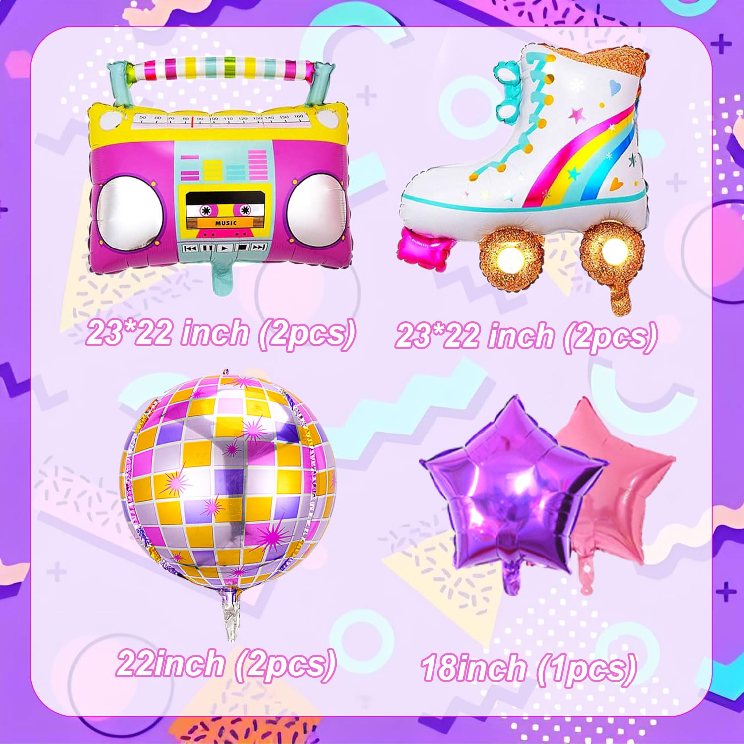 8 PCS Disco Balloons Radio Boombox Roller Skate Balloons for 80s 90s
