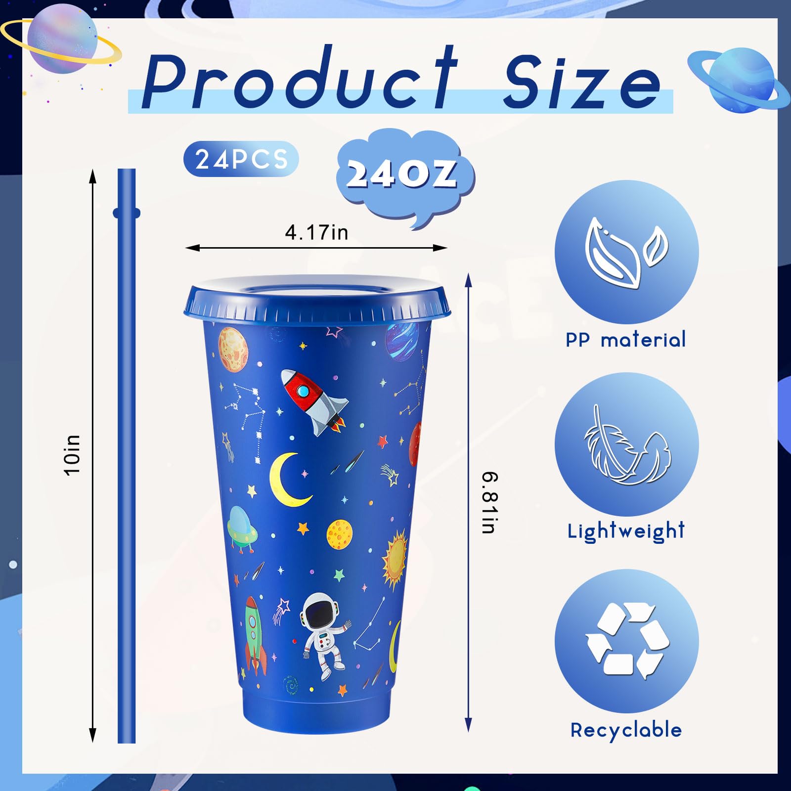 24 Pcs Space Party Plastic Cups with Lid and Straw 24 oz