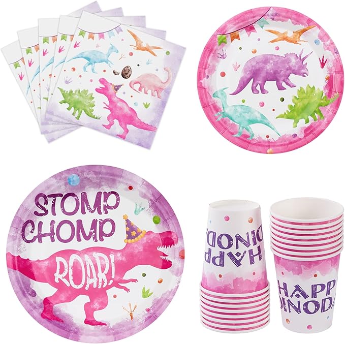 Pink Dinosaur Birthday Decorations 64 PCS Dinosaur Plates Napkins