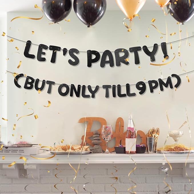 Yeaqee Pre-strung Glitter Funny Birthday Banner, Let's Party But Only