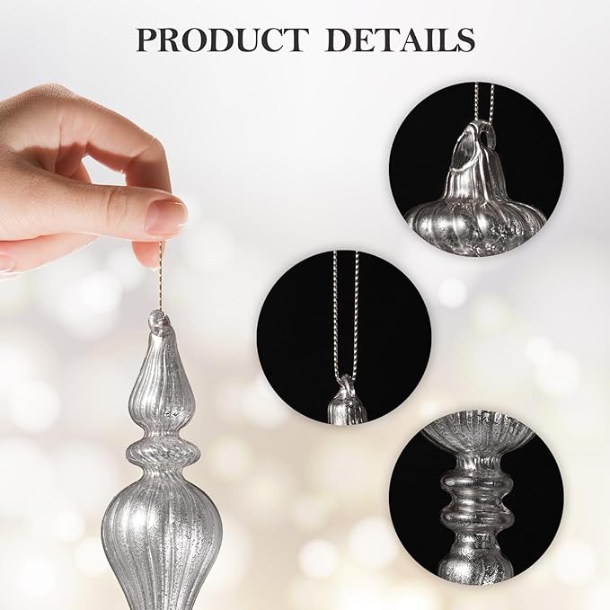 DN DECONATION Mercury Glass Finial Christmas Ornaments, Large Hanging