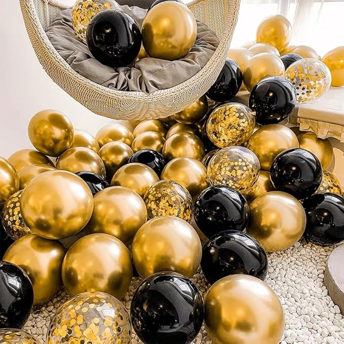 Bezente Black Gold Confetti Latex Balloons - 60 Pack 12 inch Helium