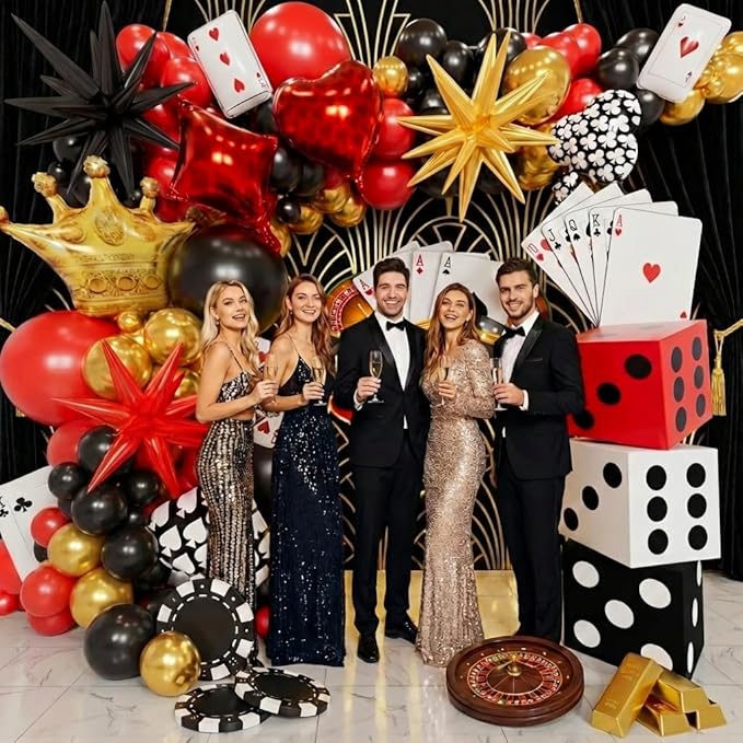 Casino Balloons Arch Kit - Latex Balloons, Dice Boxes, Full Deck of