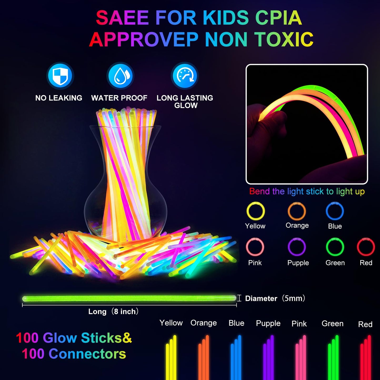 OLUPP 150 PCS Glow in the Dark Party Supplies, 16 Foam Sticks, 16 LED