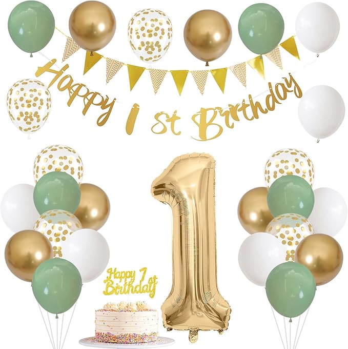 1st Birthday Decorations for Boys Girls Sage Green White Gold