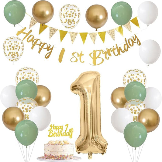 1st Birthday Decorations for Boys Girls Sage Green White Gold