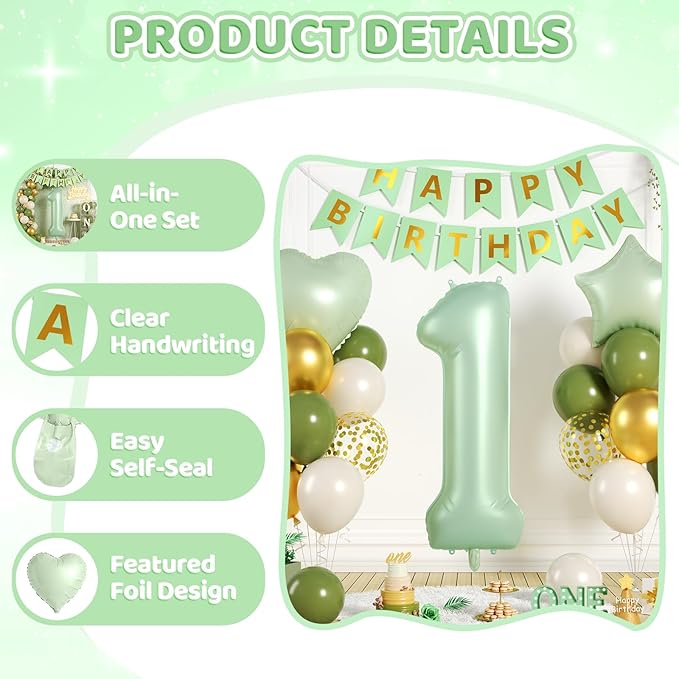 1st Birthday Decorations, 40 Inch Sage Green Number 1 Balloon, 18